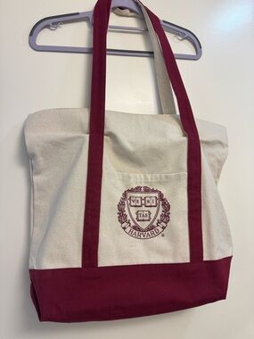 Harvard Crest Canvas Tote Bag in Natural and Maroon